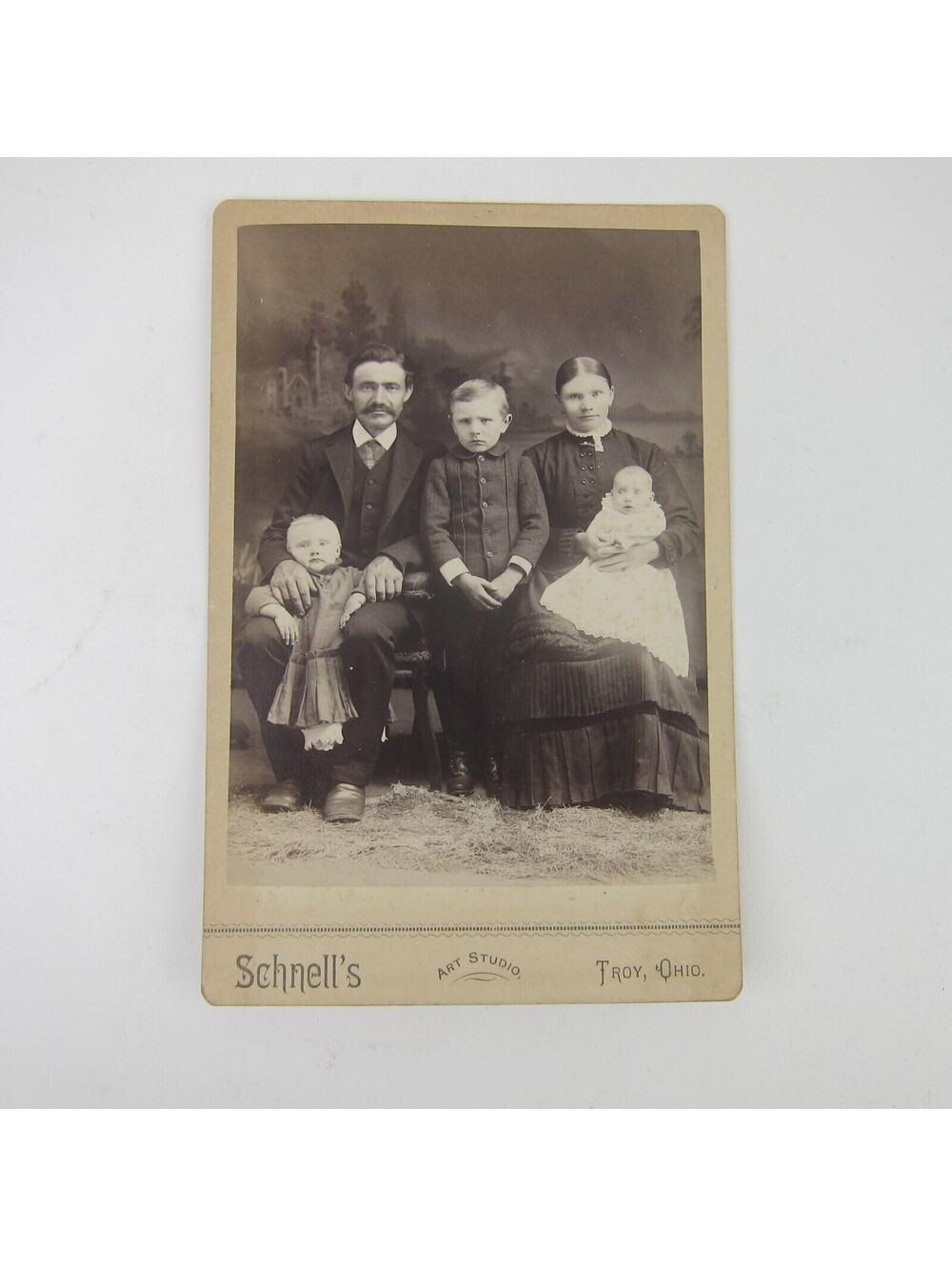 Cabinet Card Photograph Family Man Woman Sons Baby Schnells Troy Ohio Antique